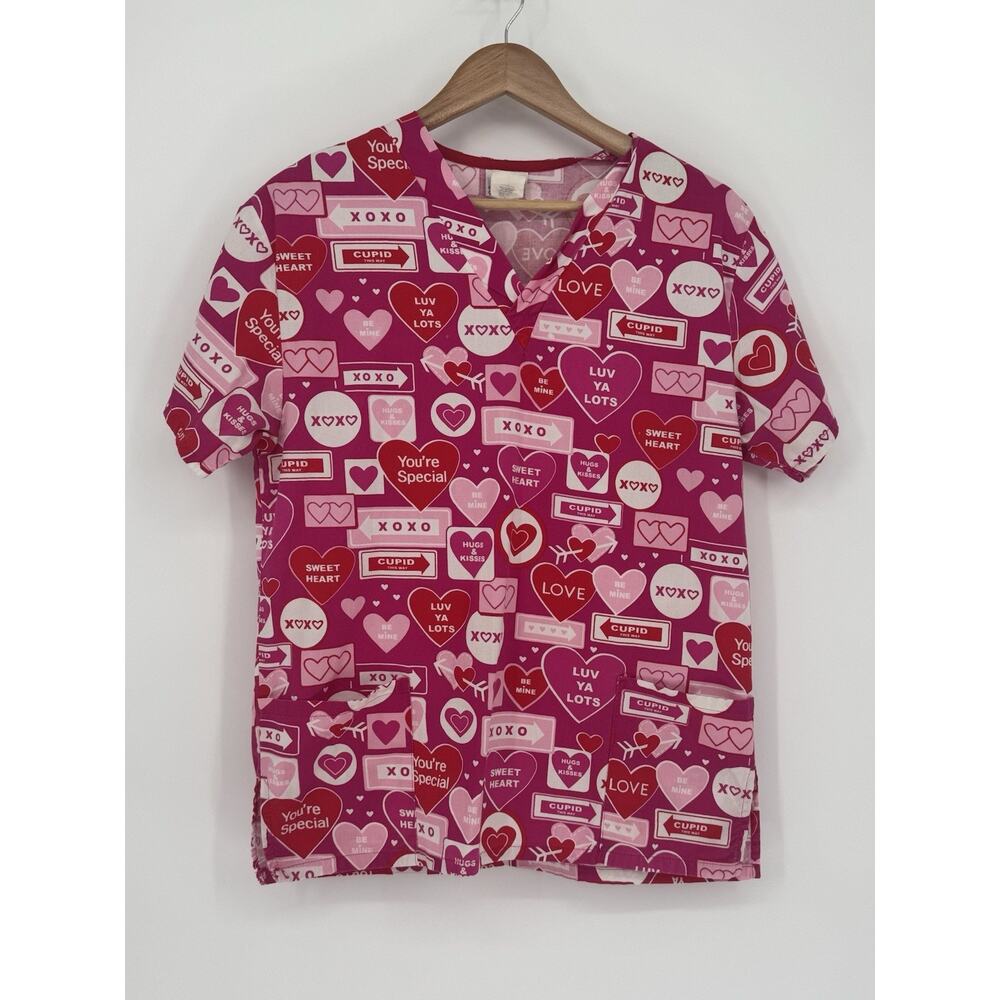 Fundamentally Cotton White Swan Valentine Scrub Top Women Small Hearts Pink Red